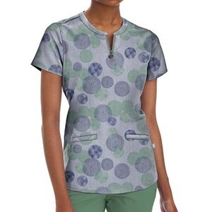 Healing Hands Circular Flow Geometric 3-Pocket STRETCH Zip Neck Print Scrub Top